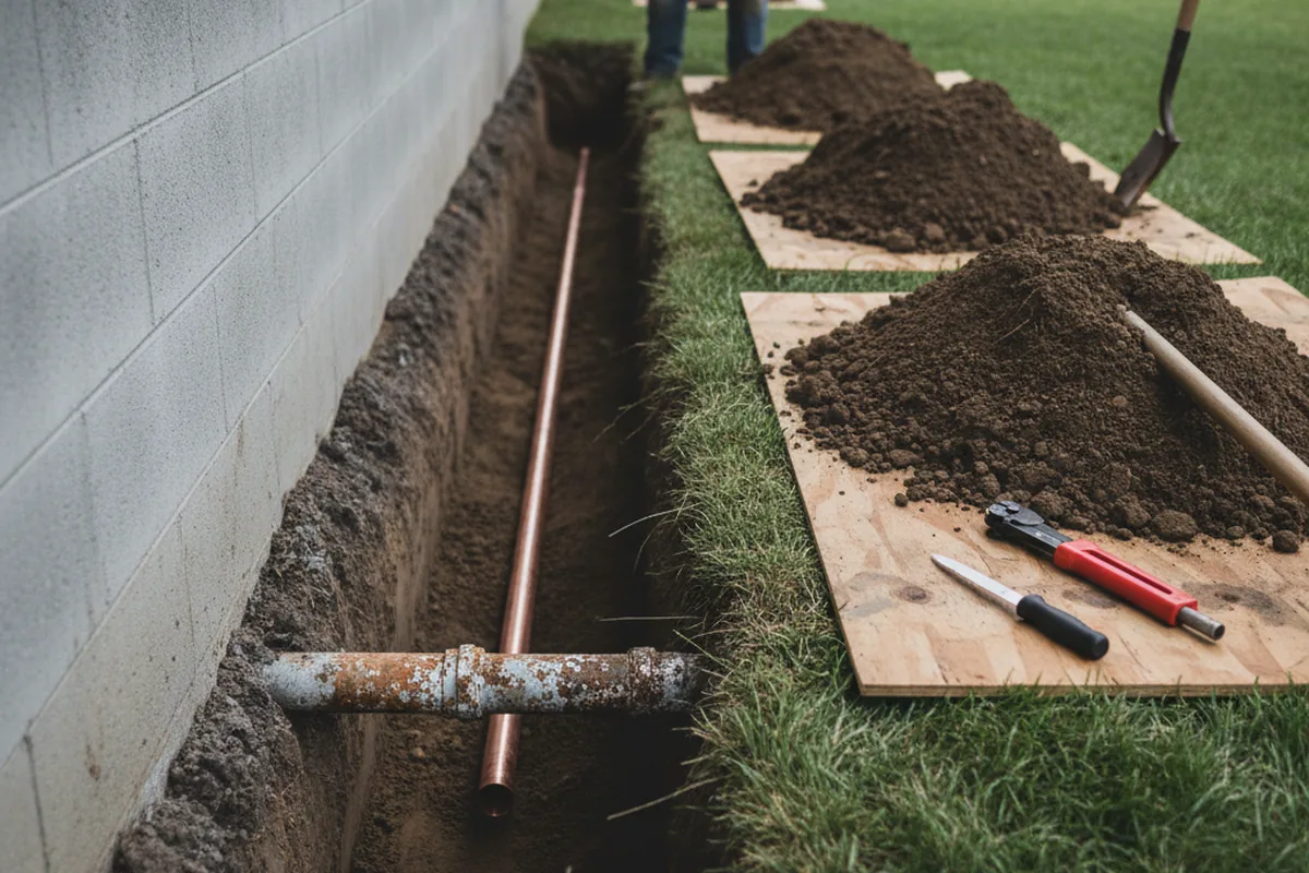 Excavated water line trench during Sewer Line Repair in Rhodes